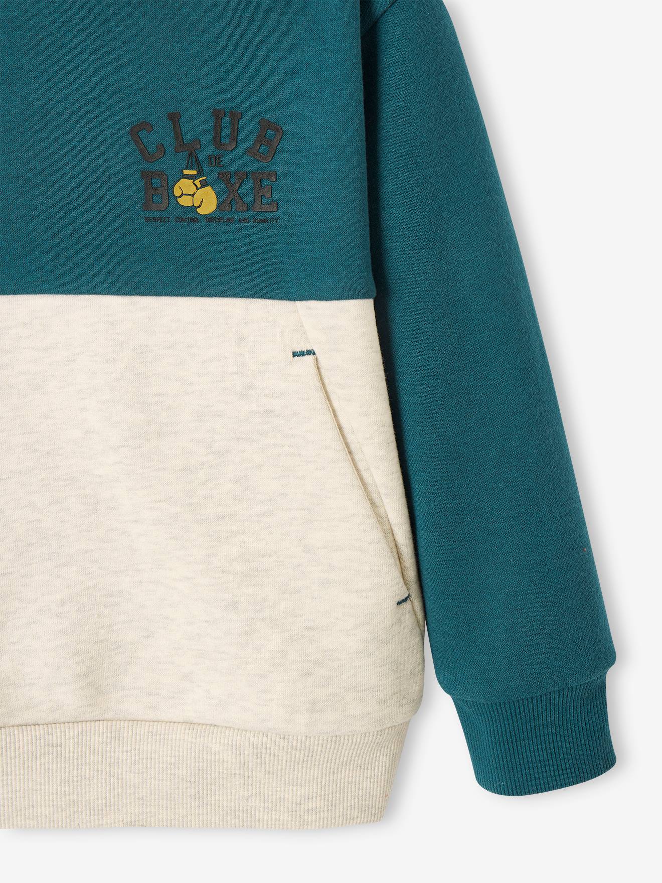 Moletom esportivo com capuz e blocos de cores, azul escuro liso com estampas, para meninos.