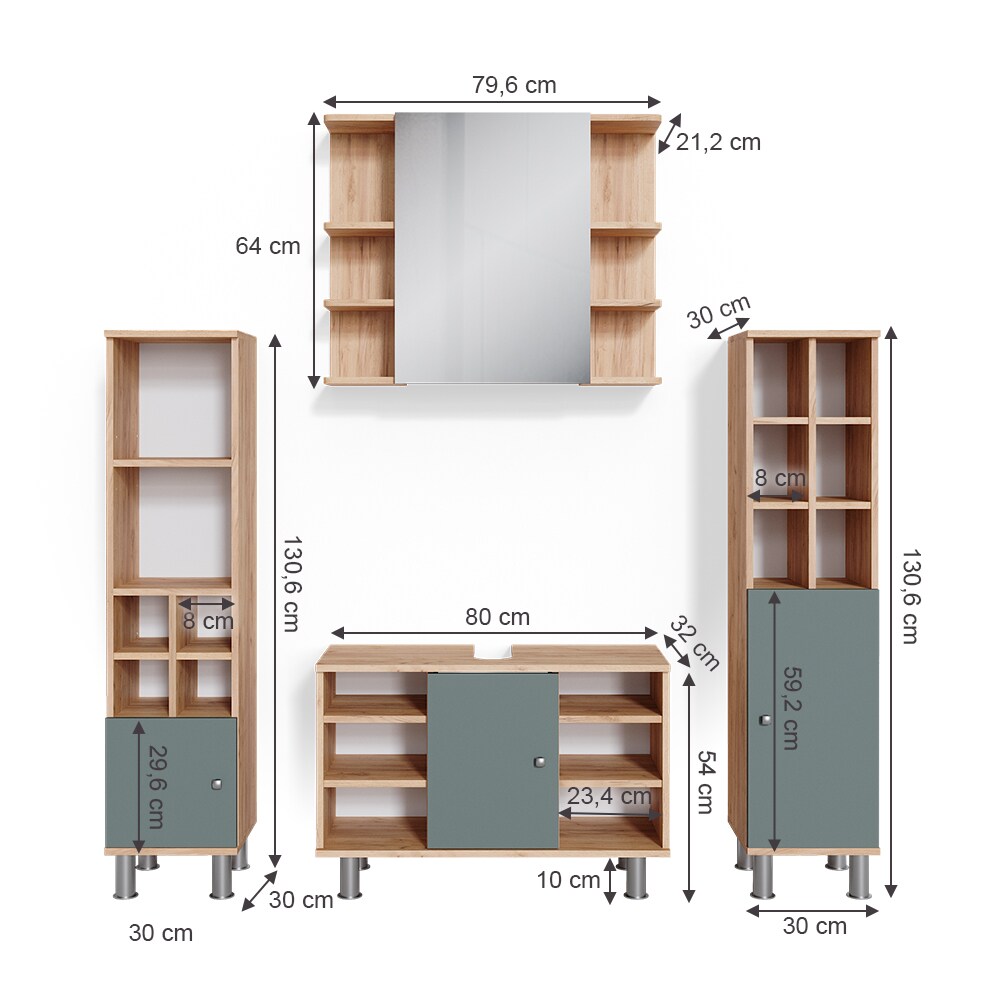 Vicco Badmöbelset Waschtischunter 80 cm Spiegelschrank Midischrank Tür Fynn