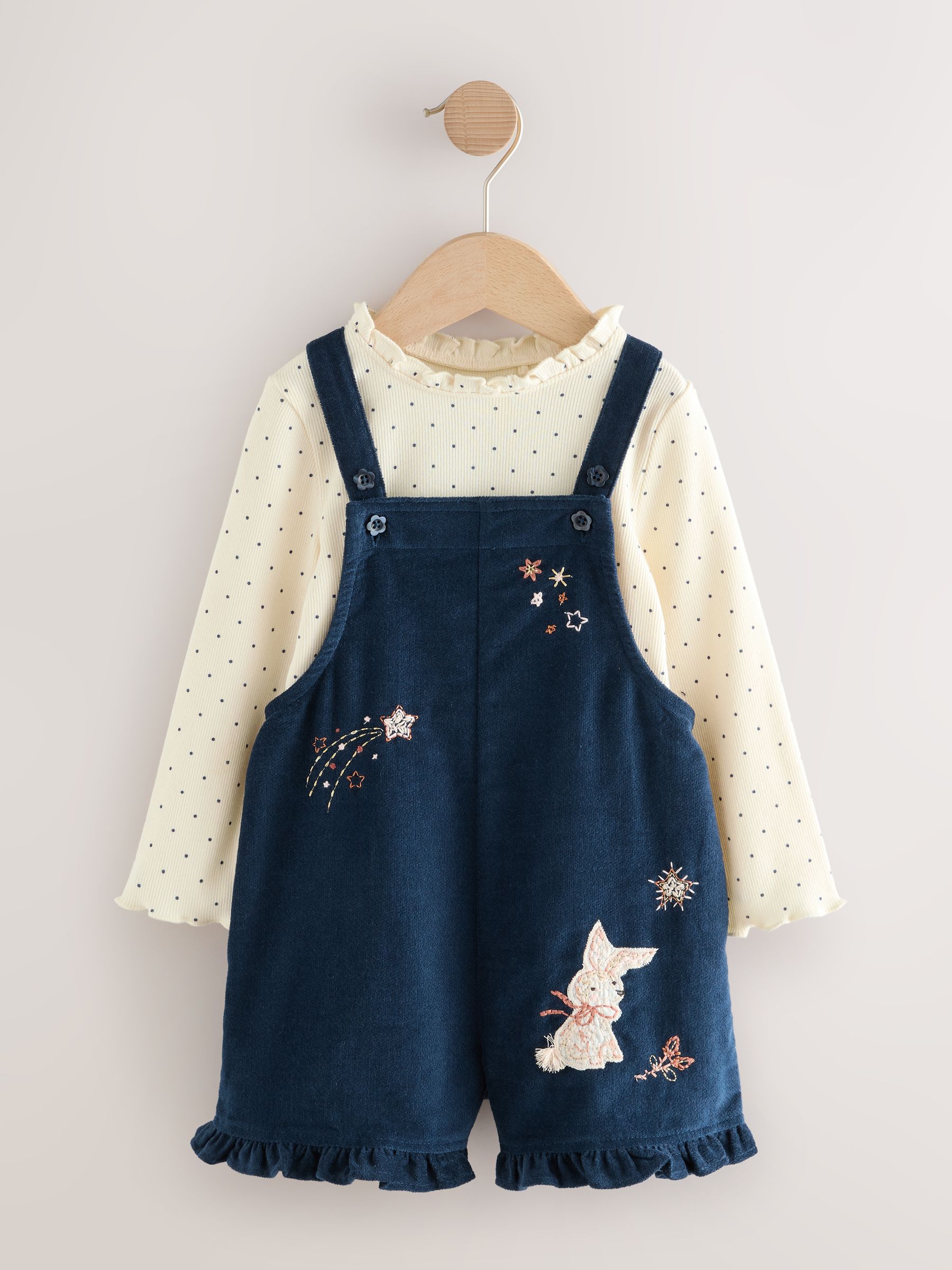 Marineblauw - Bunny Corduroy Dungarees Top and Tights Set (3mths-7yrs)