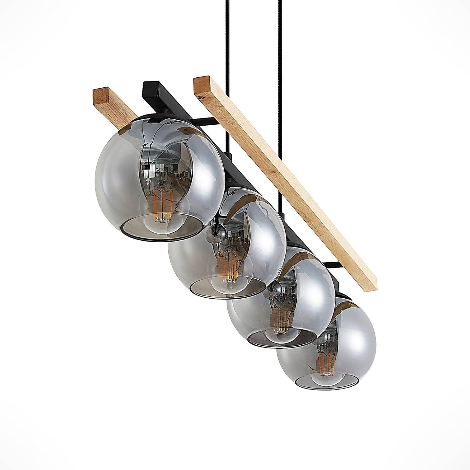 Lindby Esstisch Pendelleuchte Holz, Glas rauchgrau Hängeleuchte Rauchglas Esszimmer 4x E27 ohne Leuchtmittel Hängelampe Wohnzimmer Esszimmerlampe