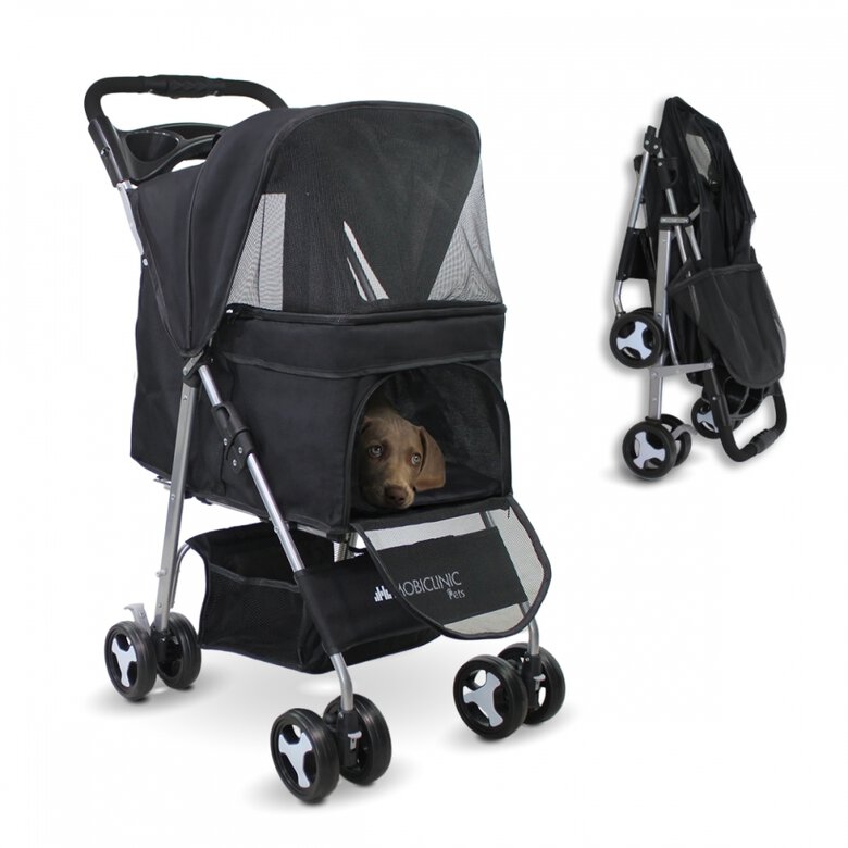 Carrinho para cães Mobiclinic com rodas com freio e rotação de 360°, 3 pontos de acesso, capota, cesto de armazenamento e porta-copos, preto.