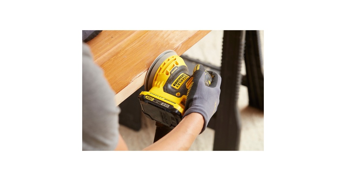 StanleyFATMAX V20 18V Excentrische schuurmachine  (Geel/zwart, Softbag, accu (2.0Ah) en oplader (2A) inbegrepen)
