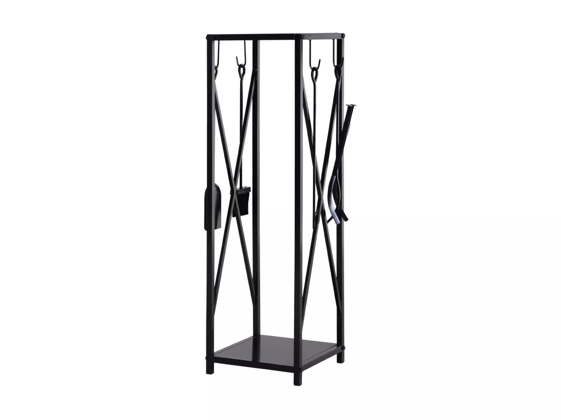 Serviteur de cheminée colonne - porte bûches - range bûches multi accessoires dim. 34L x 34l x 111H cm métal noir