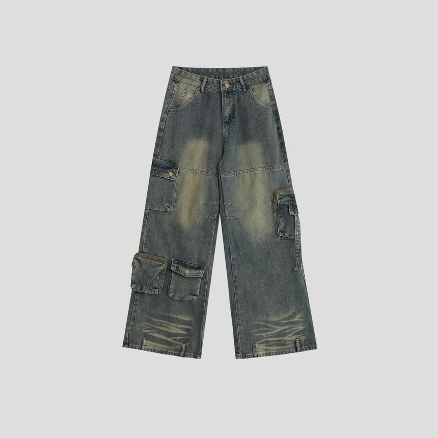 INStudio - High Waist Washed Wide Leg Cargo Jeans