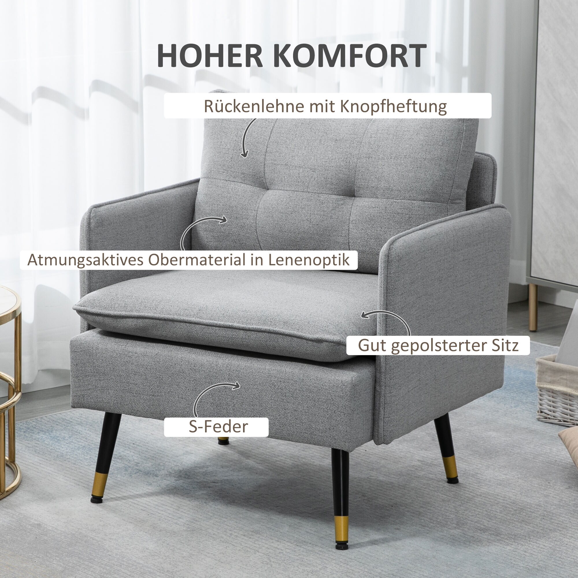 HOMCOM Einzelsessel mit 4 Stahlbeine grau 76L x 68B x 80H cm