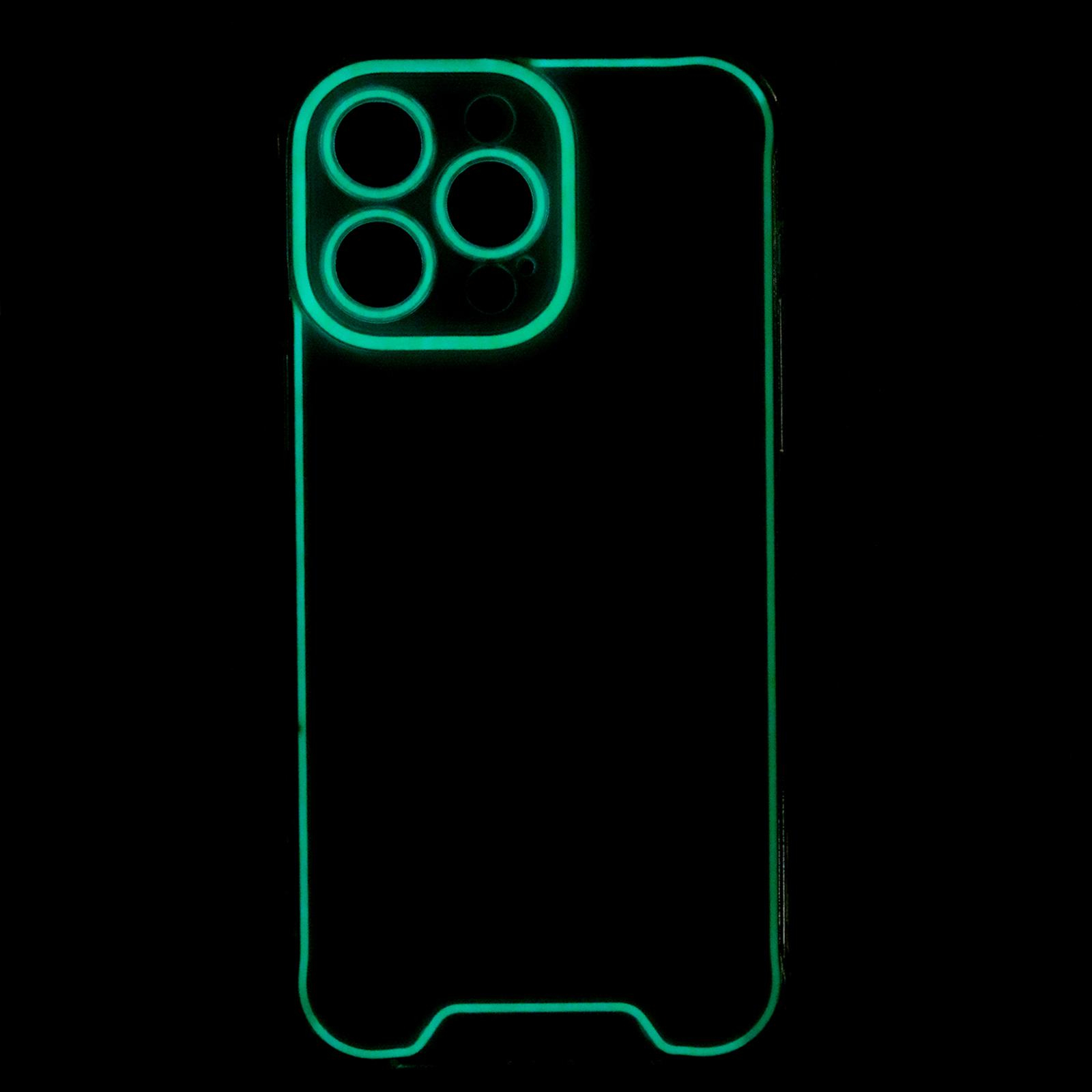 iPhone 14 Pro Gummi Case Hülle mit Fluoreszierendem Rahmen - Blau / Transparent