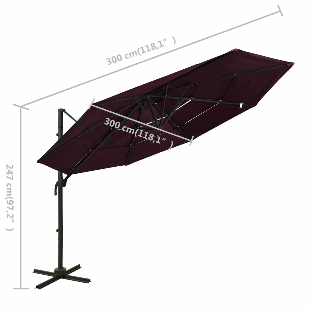 Parasol à 4 niveaux avec mât en aluminium 3 x 3 m bordeaux