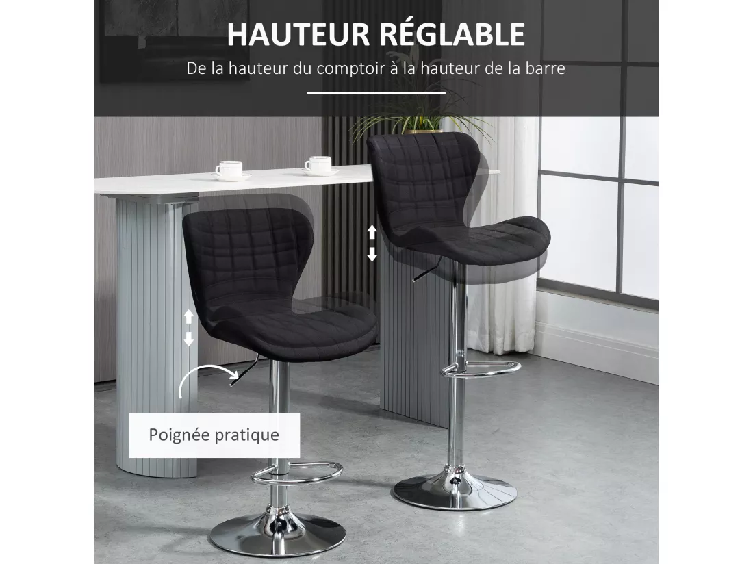 Lot de 2 tabourets de bar design contemporain hauteur d'assise réglable 59-81 cm pivotant 360° lin noir