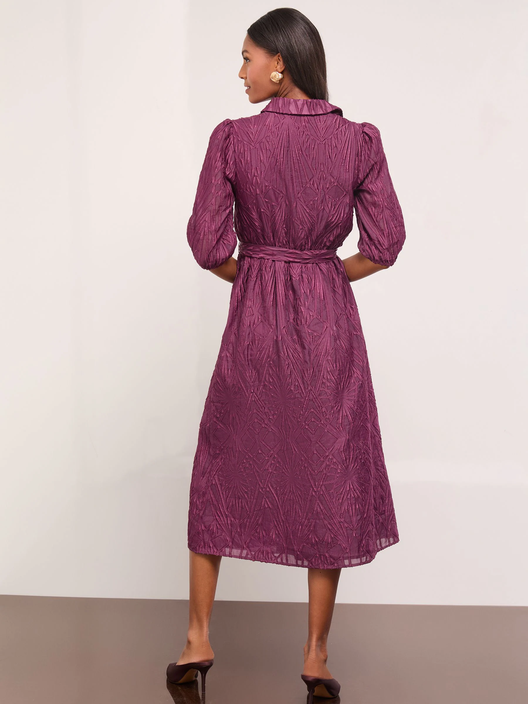 Bordeauxrood - Lipsy Fit And Flare Textured 3/4 Sleeve Button Through Midi Shirt Dress