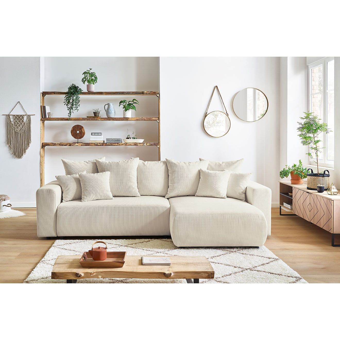 Bobochic Canapé d'angle convertible reversible velours côtelé Envy beige - 282x153x95 cm
