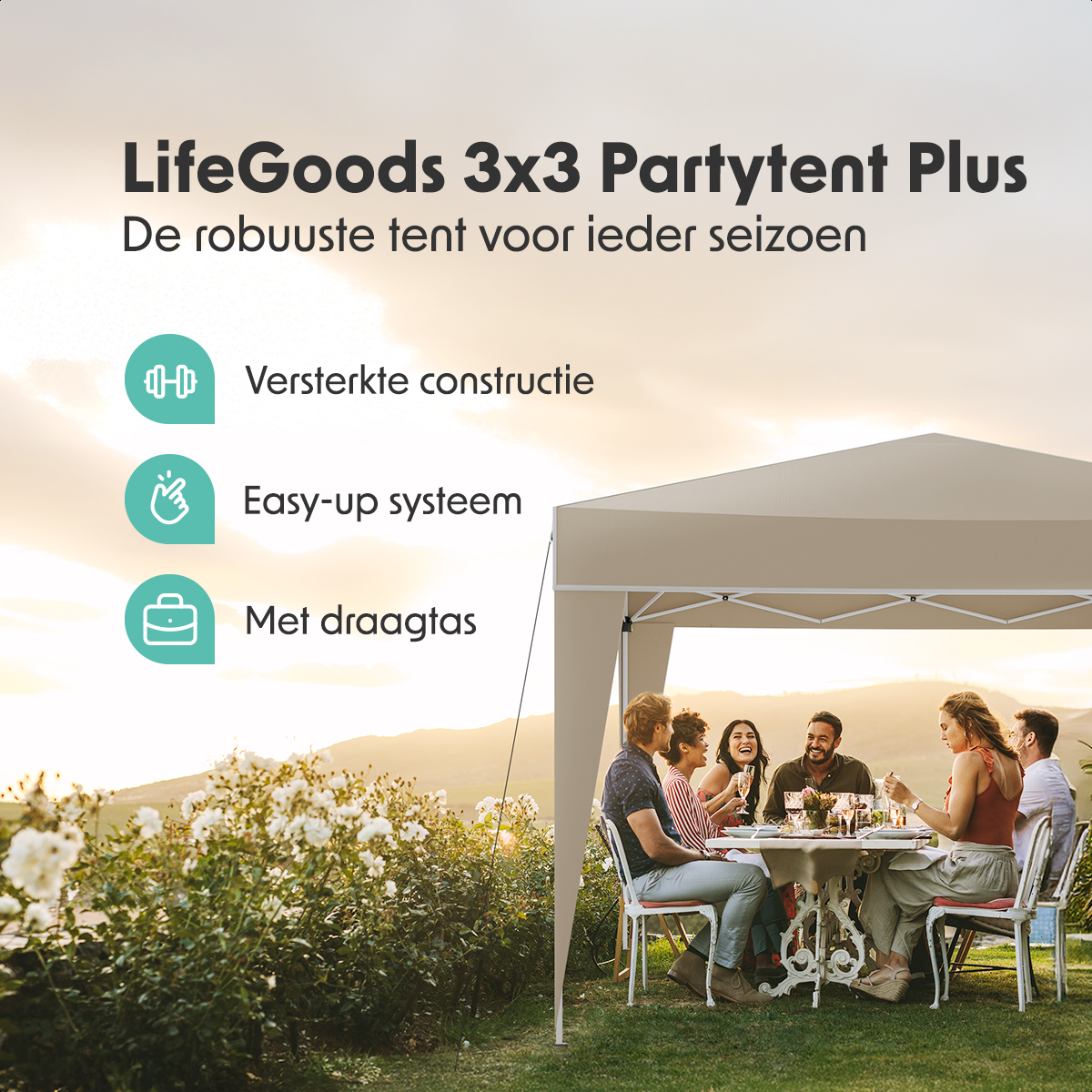 LifeGoods Plus 3x3 m partytent  - Beige