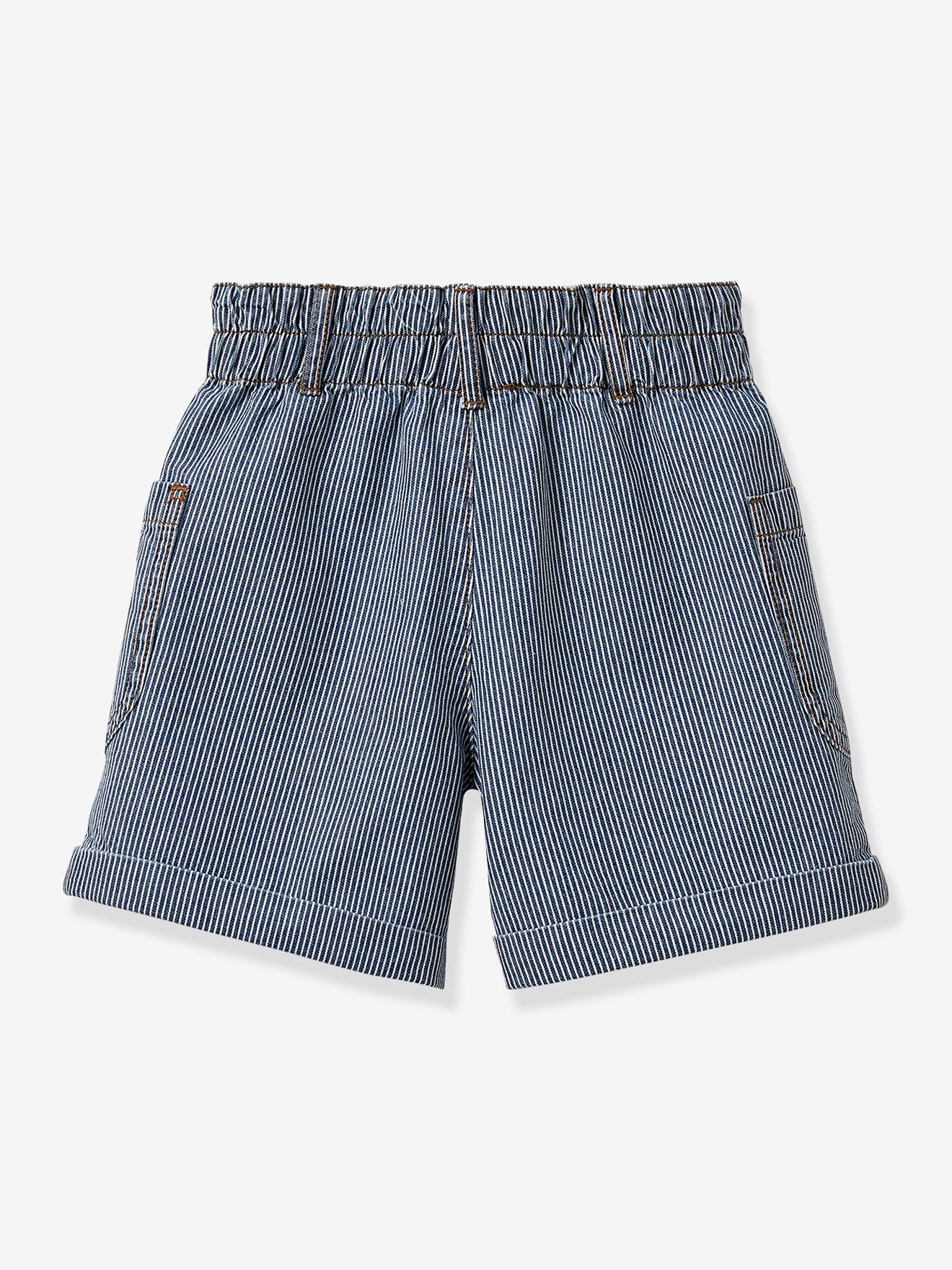 Shorts jeans femininos CYRILLUS, azul médio com listras.