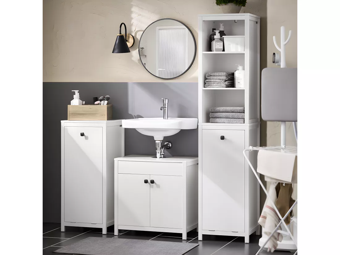 SoBuy Meuble Colonne de Salle de Bain, Armoire Haute, Placard de Rangement, Étagère de Rangement avec 1 Panier à Linge et 3 Étagères pour Salle de Bain, 40x35x173cm, Couleur Blanc, BZR95-W