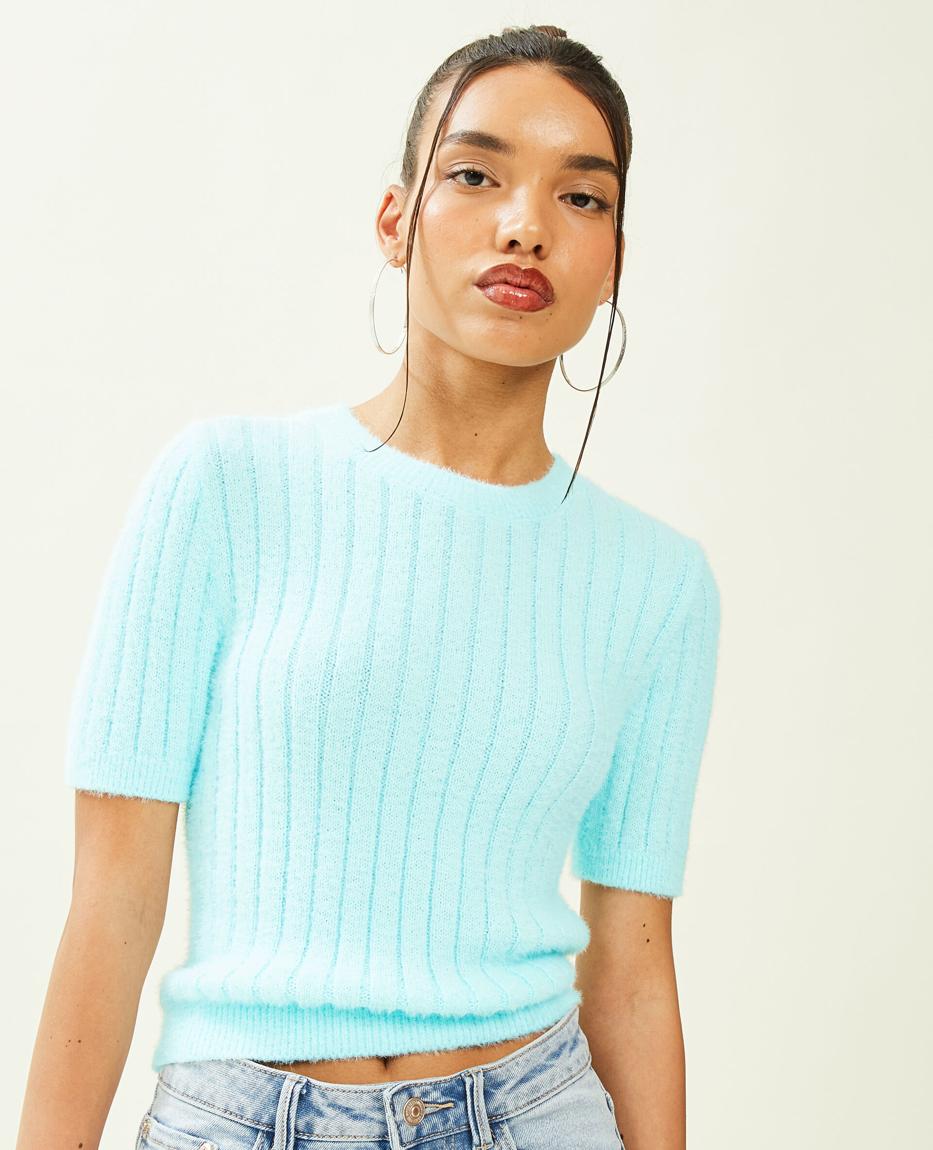 Pull duveteux à manches courtes - Bleu turquoise