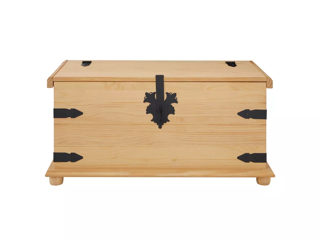 Coffre de rangement TEQUILA malle rectangulaire en bois style mexicain avec abattant, en pin massif finition teintée et cirée