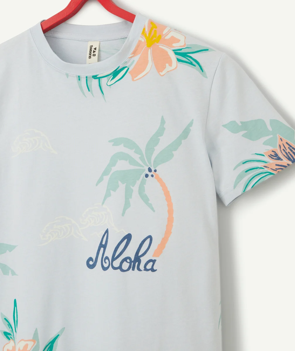 T-SHIRT GARÇON BLEU CIEL EN COTON BIO THÈME HAWAÏEN