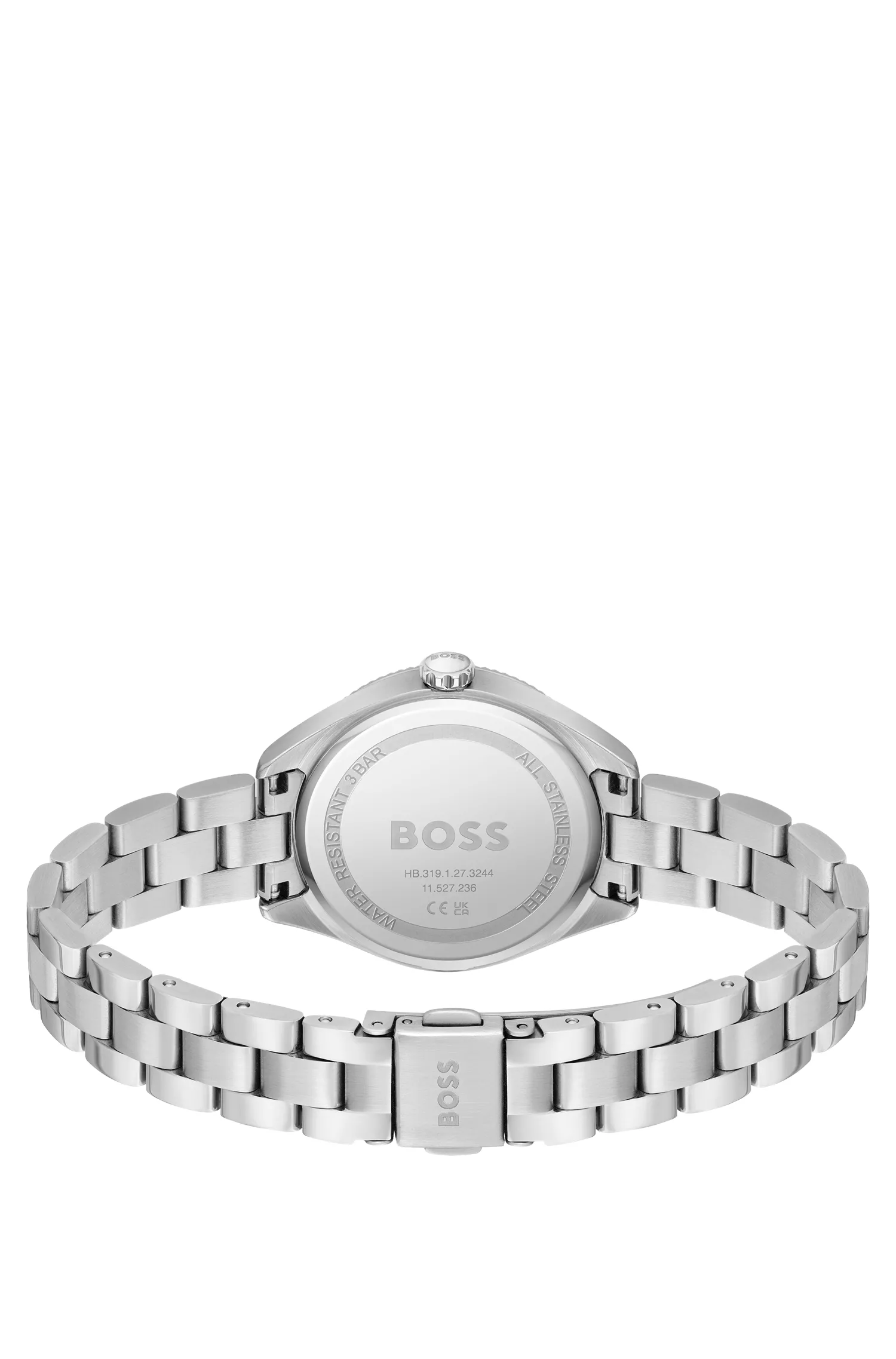 Relógio BOSS em tons de preto e prata com pulseira de elos.