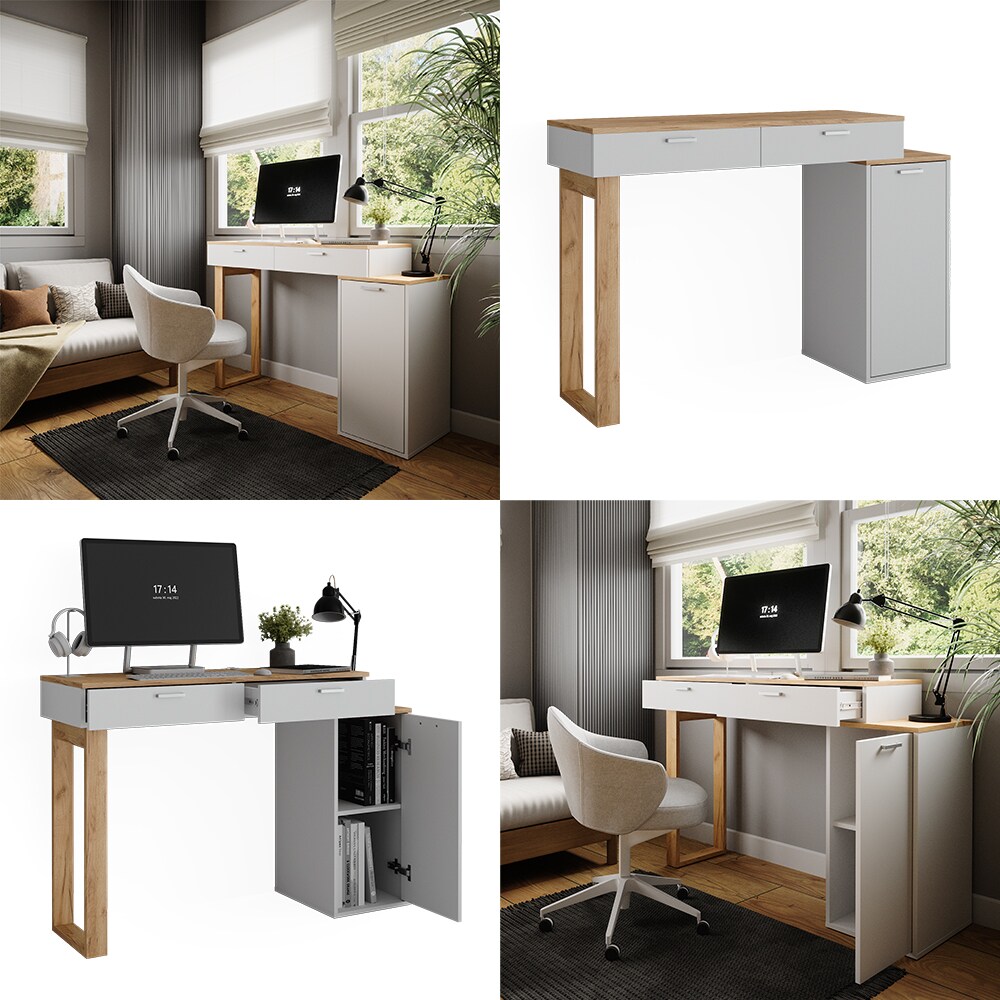 Vicco Schreibtisch Regina Weiß Eiche 130 x 40 cm mit 2 Schubladen
