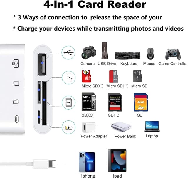 NÖRDIC Lightning-kortlæser 2-slot SD, MicroSD 1xUSB-A, 1xUSB-C Opladning UHS-I