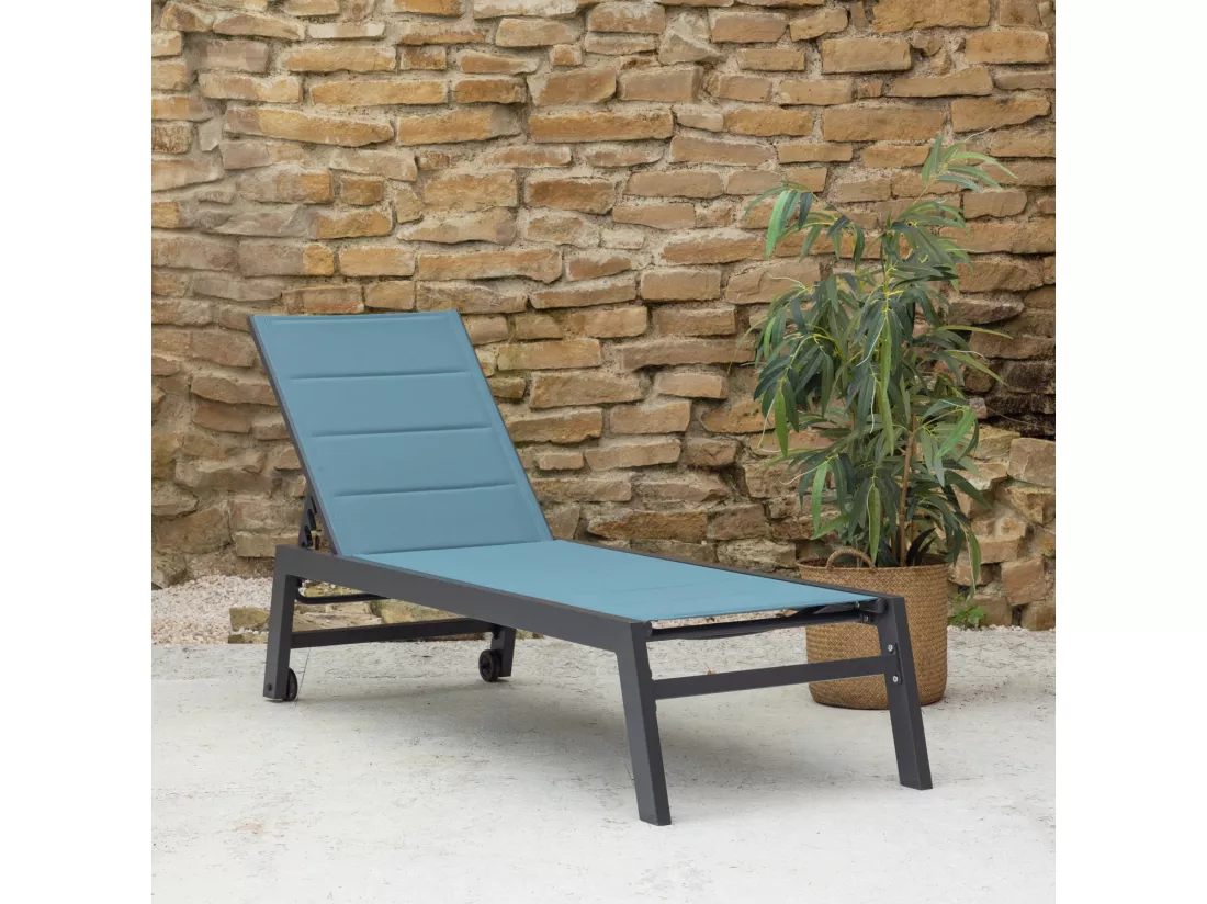 Bain de soleil BARBADOS en textilène bleu gris - aluminium anthracite - HAPPY GARDEN