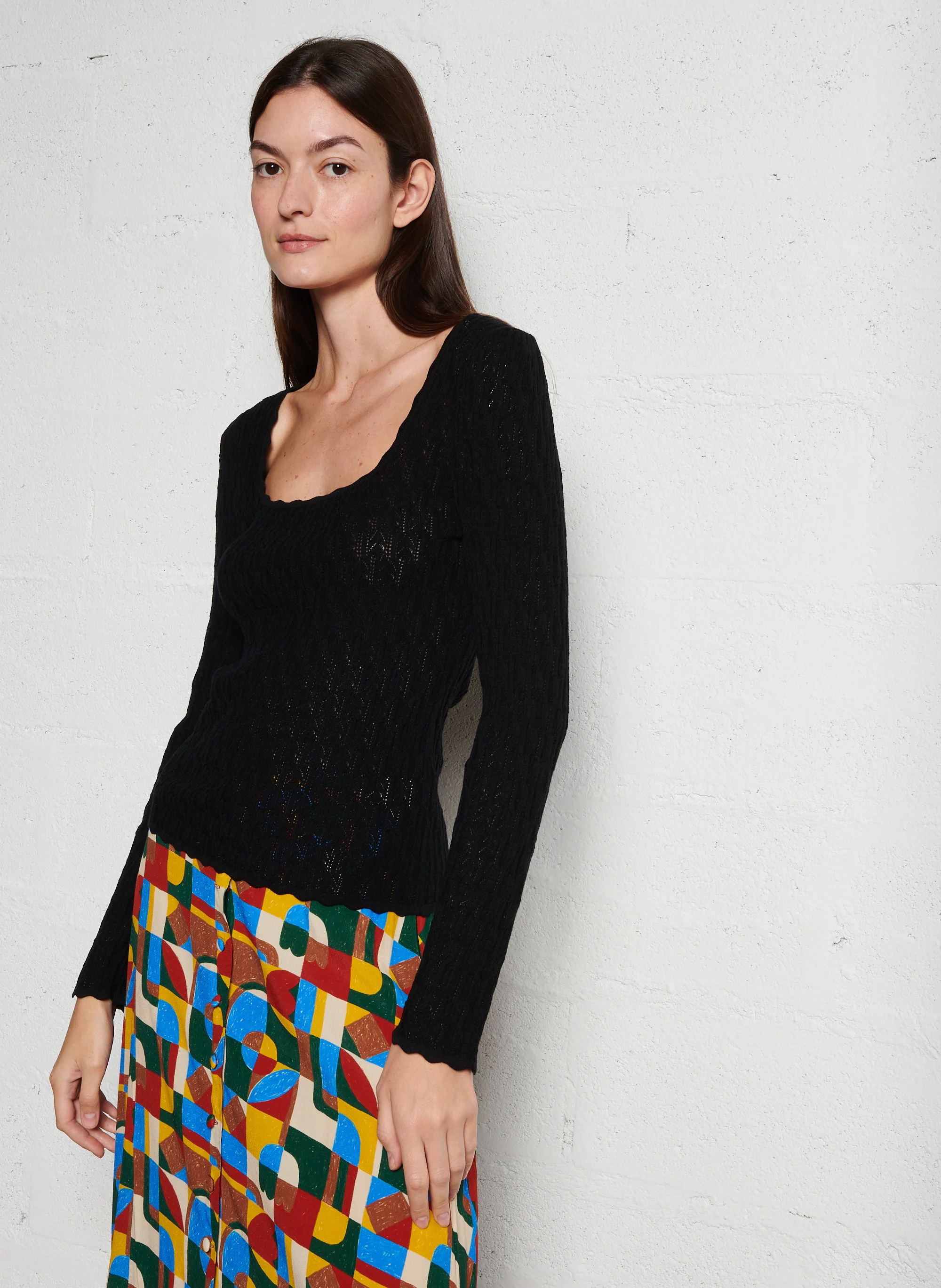 ADELOU - Pull col carré ajusté en maille | Noir