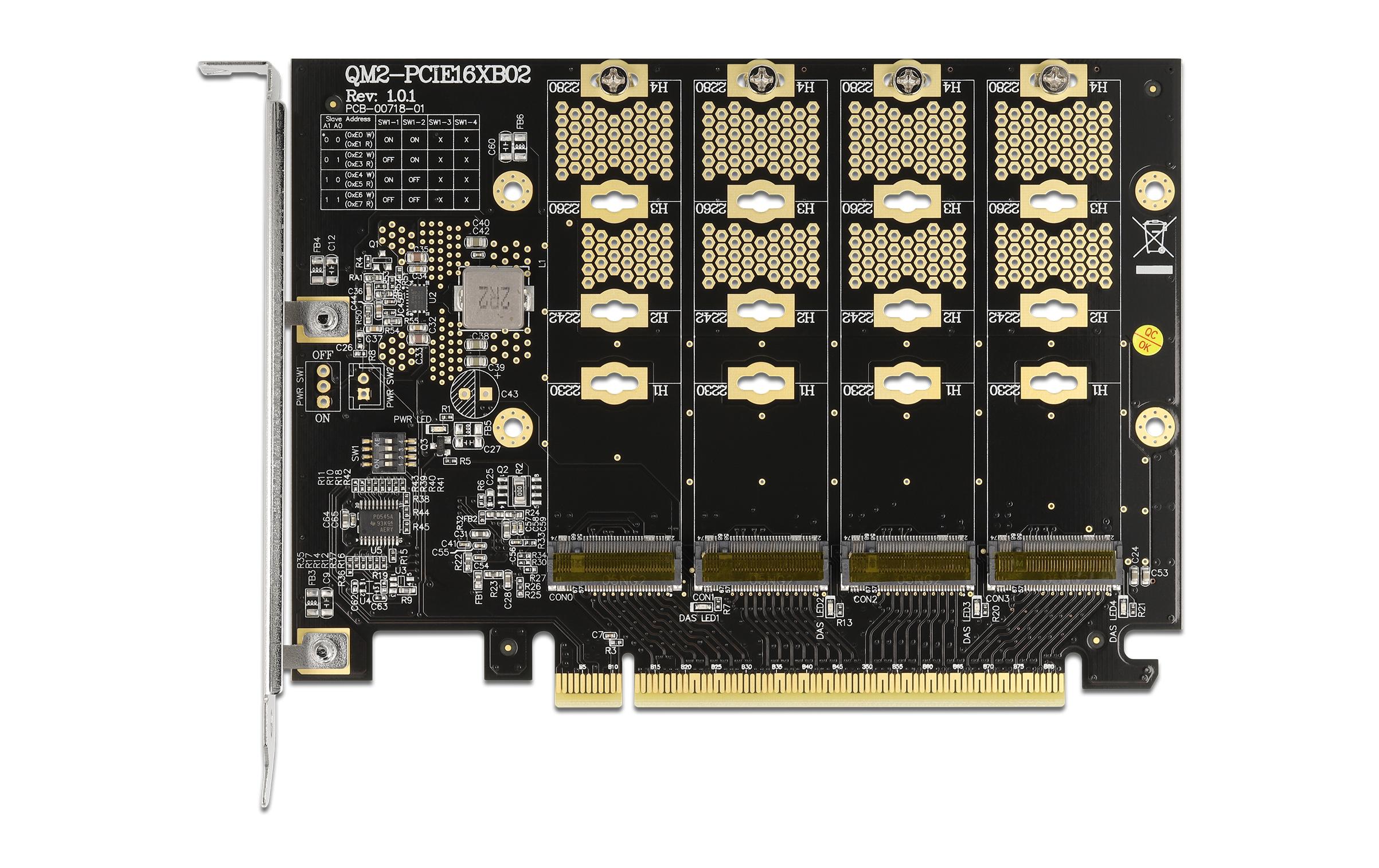 Host Bus Adapter PCI-E-x16, 4x M.2 Key-M. NVME BifurcationDelock PCI Express x16 Karte zu 4 x intern NVMe M.2 Key M – Benötigt Mainboard mit Bifurcation Unterstützung