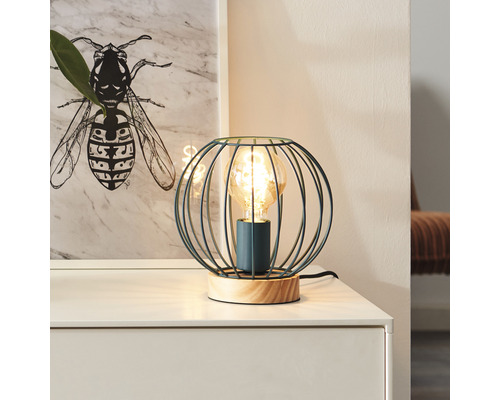 Tafellamp met één lamp, HxØ 17,3x19,4 cm, Sorana turquoise/licht hout met snoerschakelaar