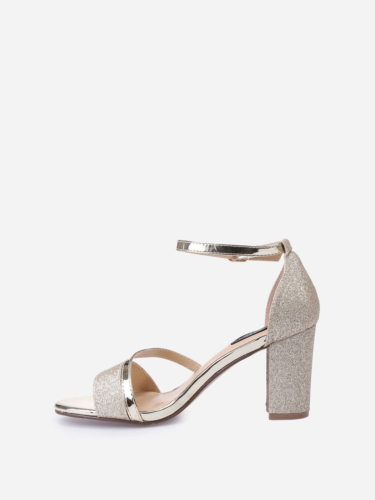 Sandales à talon scintillantes avec brides vernies- Doré