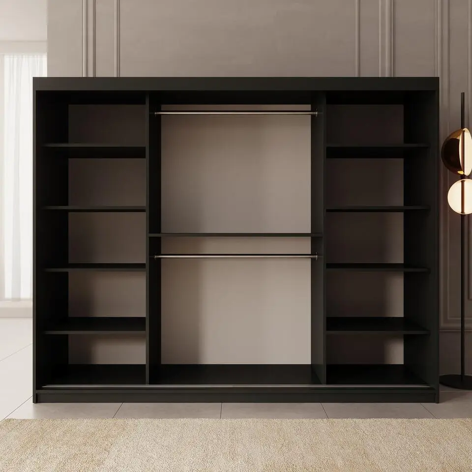 Meubella - Kledingkast Ulysses - Zwart - 250 cm - Met spiegel