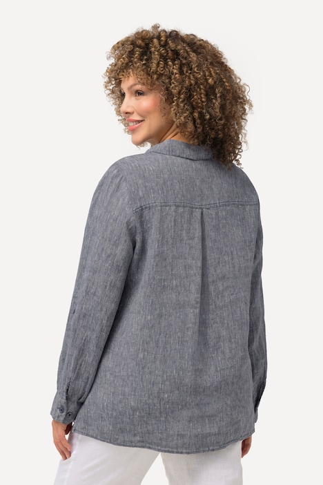 Bluse, Leinen, offener Kragen, Langarm