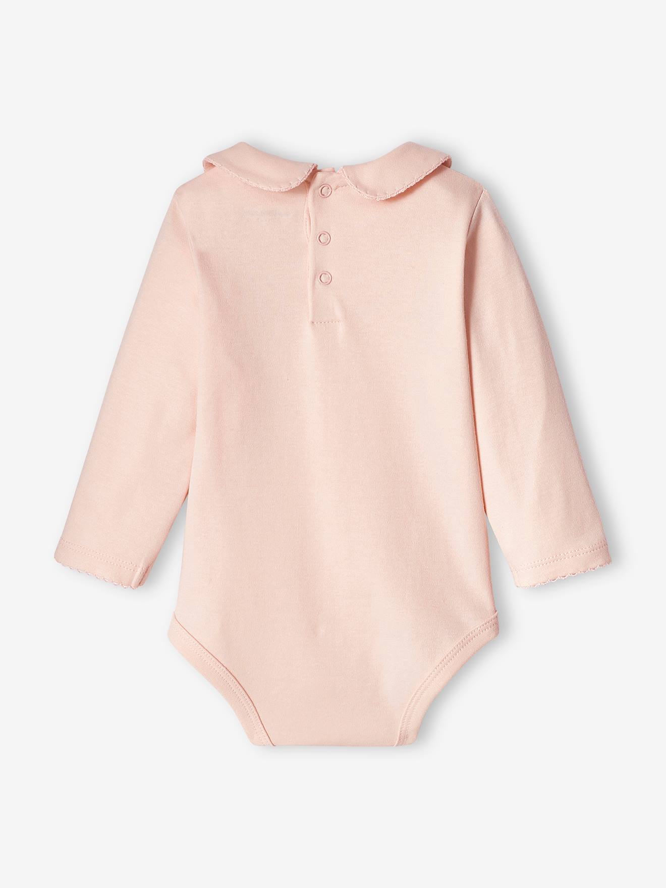 Body de bebê de manga comprida com gola Peter Pan, rosa claro
