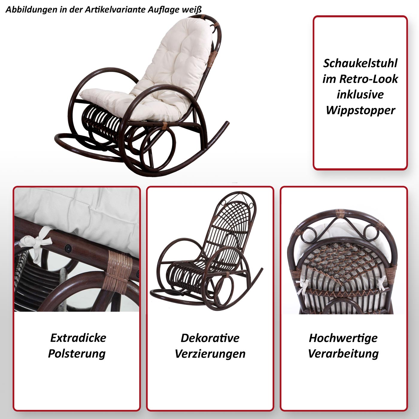 Schaukelstuhl MCW-C40, Schwingsessel Rattansessel, braun ~ Auflage grün