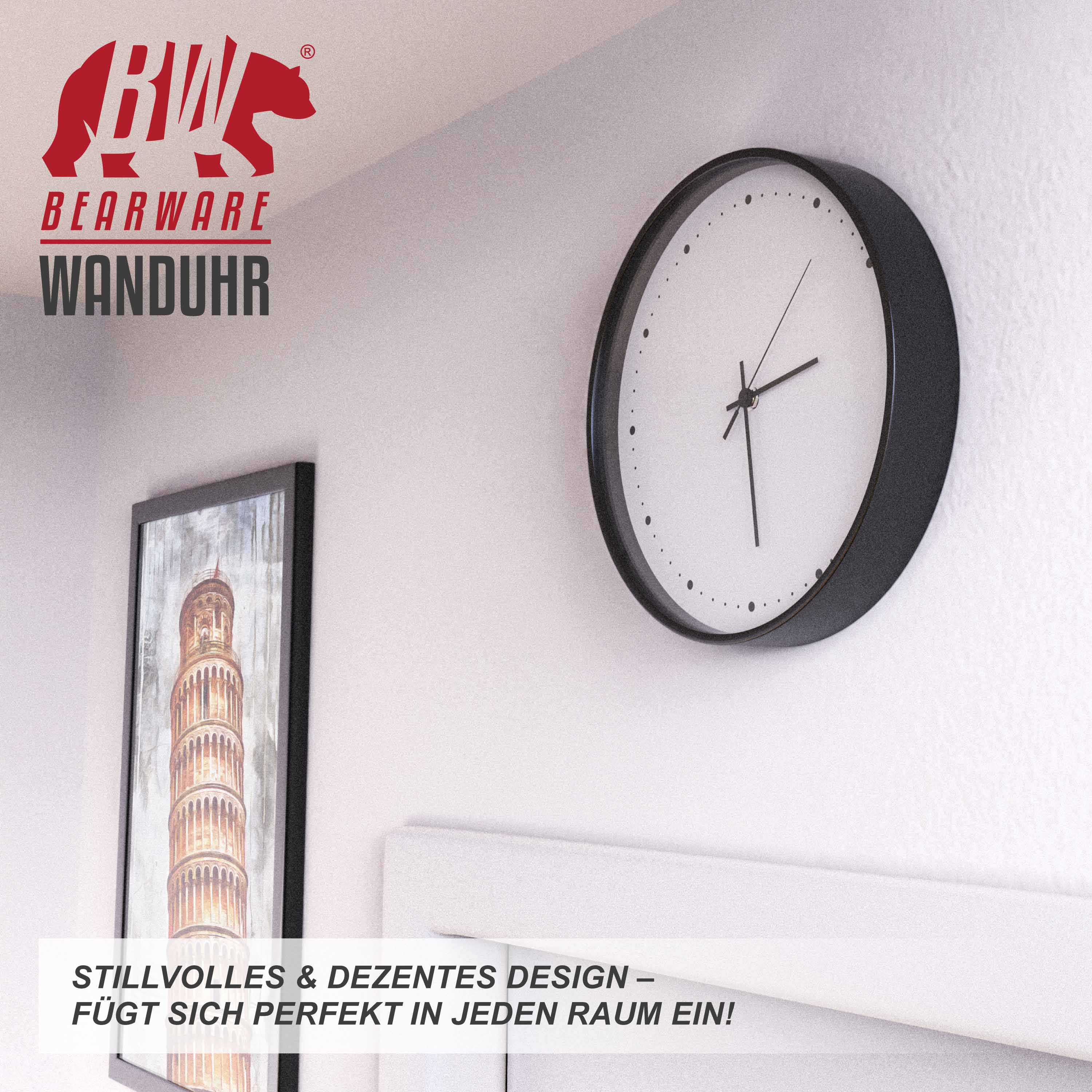 BEARWARE Wanduhr rund mit 24 cm Durchmesser Analoge Anzeige - DCF-Signal - Batteriebetrieb