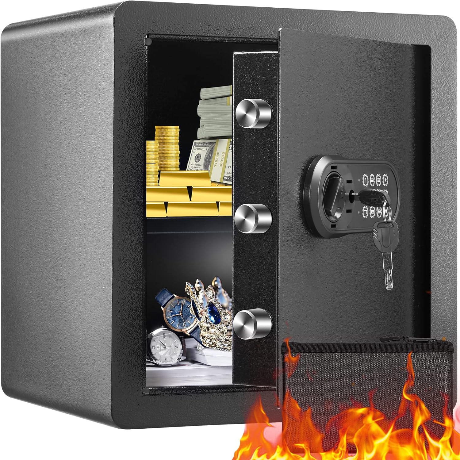 VEVOR Safe Tresor 1,8 Kubikfuß, Möbeltresor mit Feuerfester Geldtasche, Passwort & Schlüssel Digitaler Heimtresor Herausnehmbares Regal, Innenschrank, Wandtresor für Bargeld, Schmuck, Dokumente usw.