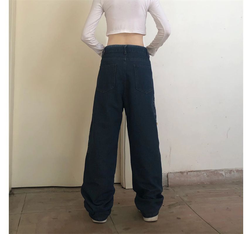 RONIN - Wijde jeans met middelhoge taille en geborduurde draak