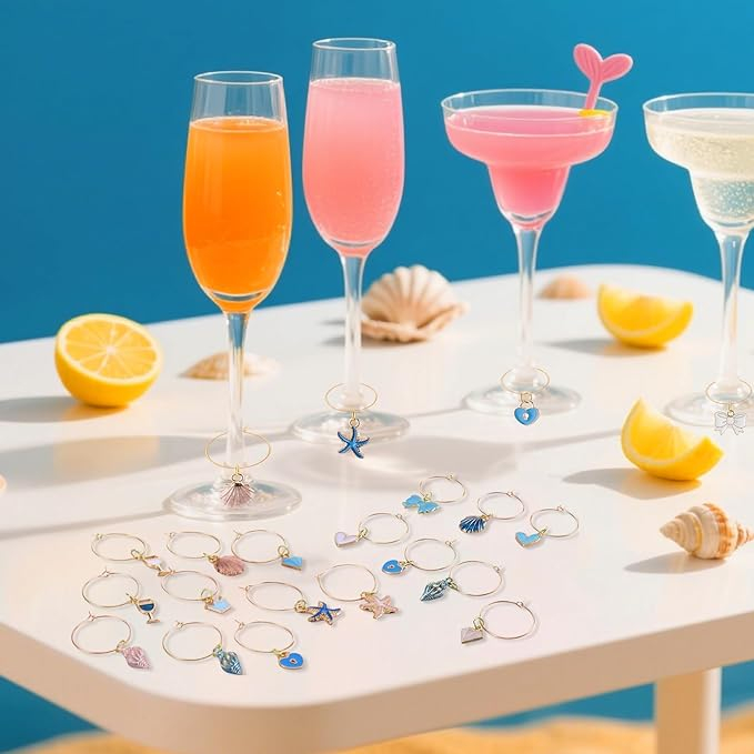 (30er Set) Glas Markierer Wiederverwendbare Trinkglas Sommer Charms Markierungs Anhänger inkl. Aufbewahrungs Beutel - Bunt