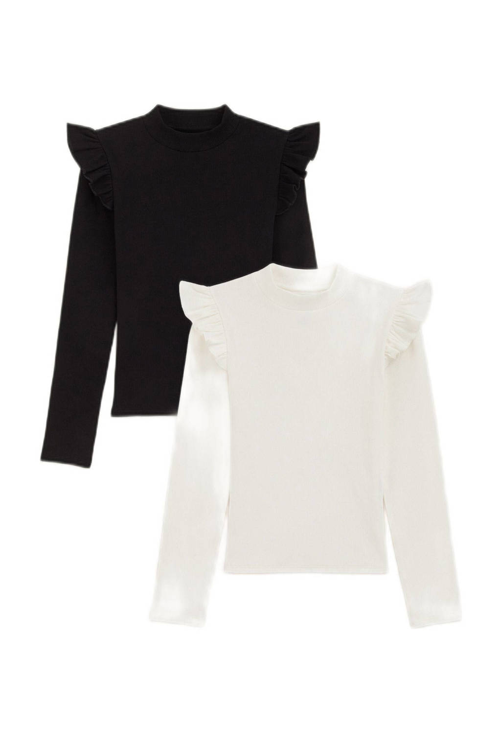 WE Fashion longsleeve met ruches - set van 2 zwart/wit