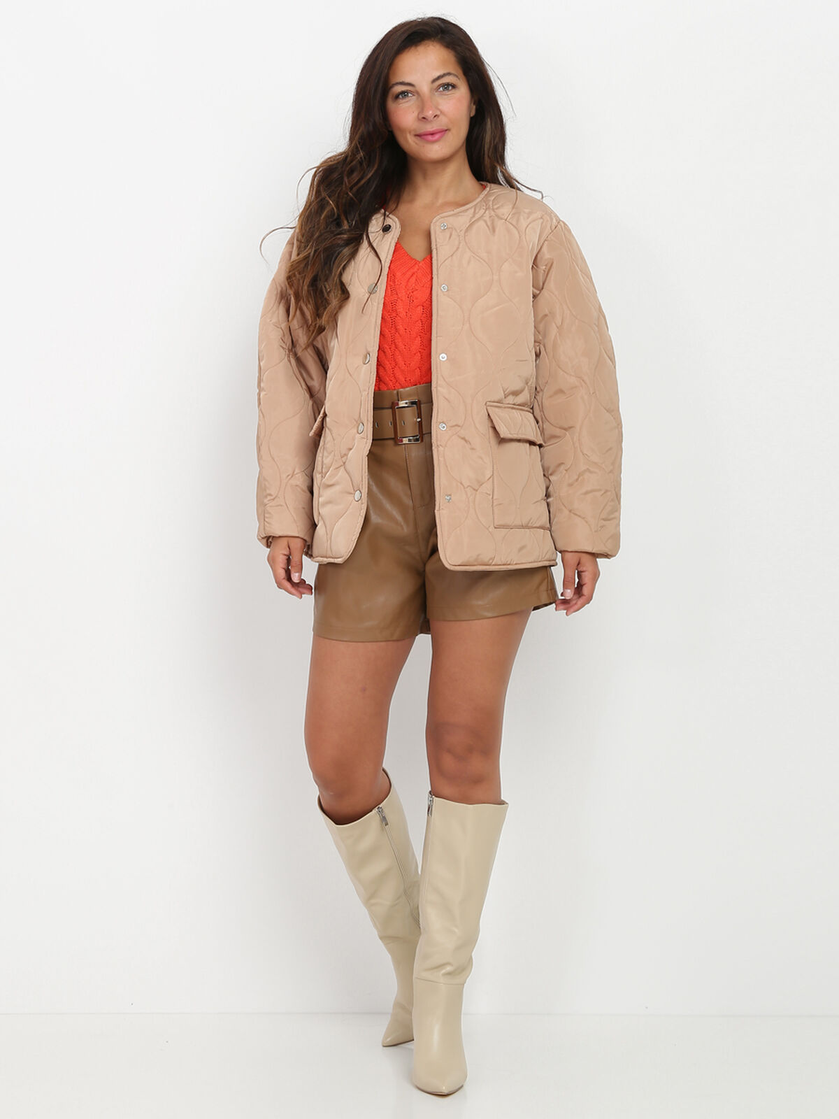Veste matelassée ceinturée- Camel