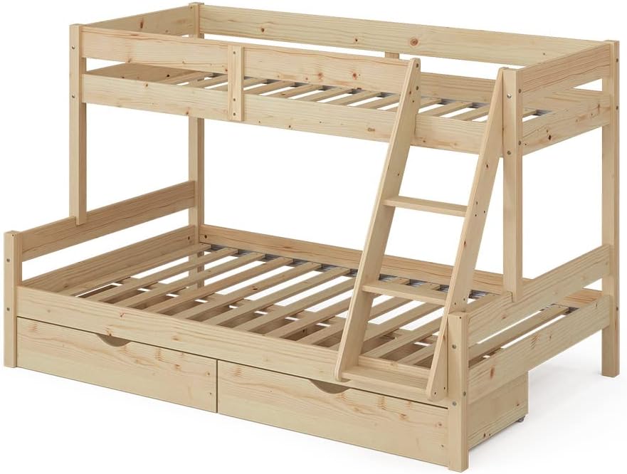 Etagenbett 120x200 / 80x200 cm Everest mit Schubladen - Naturholz 208x131x139 cm aus Holz - Bett für Kinder & Gäste, inklusive Lattenroste