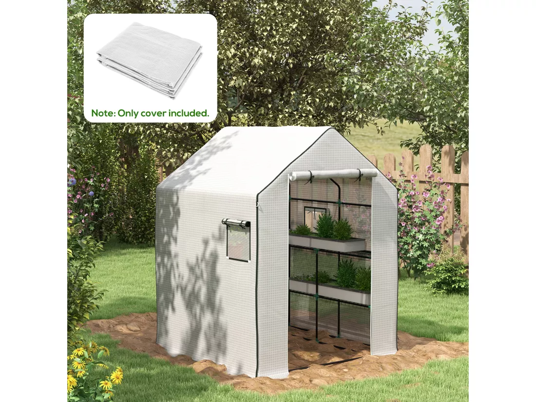 Bâche de remplacement serre de jardin dim. 140L x 143l x 190H cm - 2 fenêtres, porte zippée enroulable - PE anti-UV imperméable blanc
