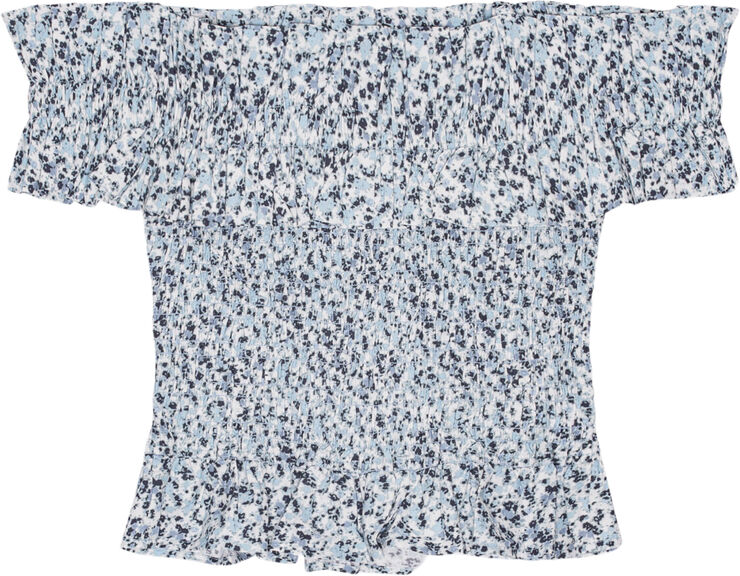 Ganni Printed Cotton Off-shoulder Smock T Glacier lake