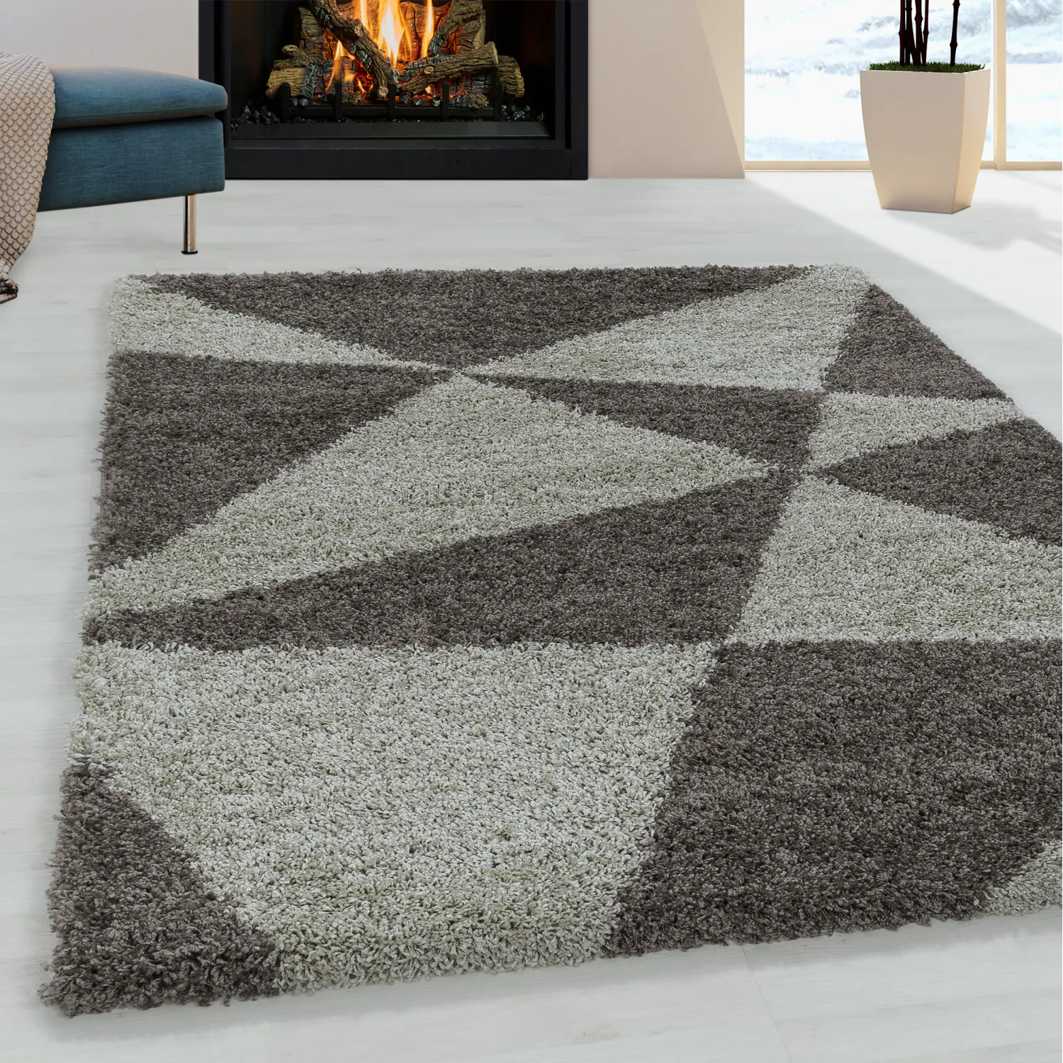 Stilvoller Hochflor Teppich, Modernes geometrisches Design, weicher Shaggy