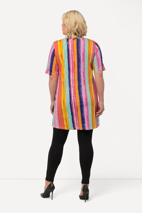 Longshirt, farbige Streifen, A-Linie, V-Ausschnitt, Halbarm