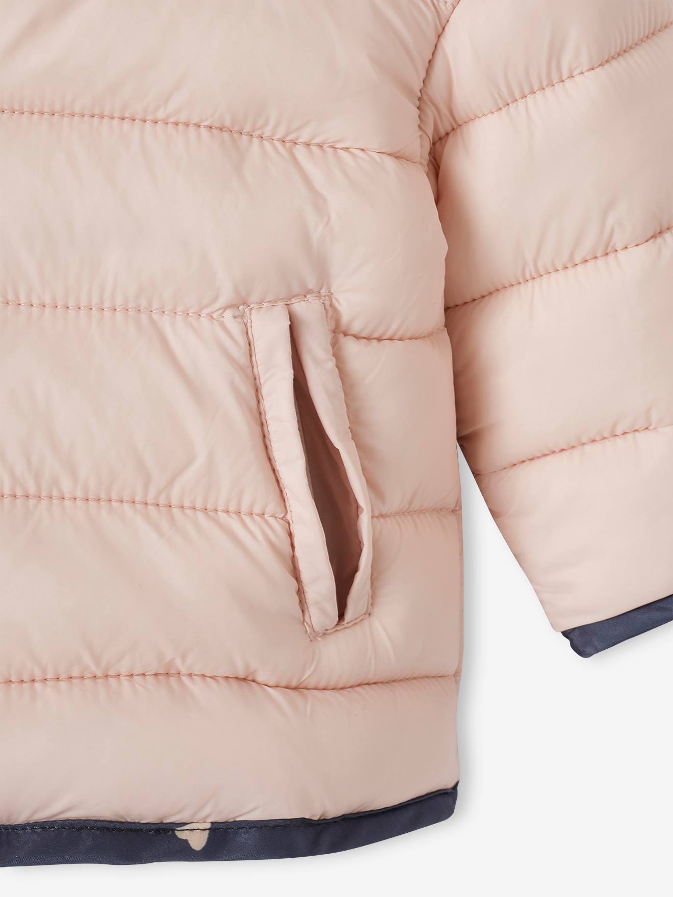 Casaco reversível acolchoado para bebê, roxo médio, liso com estampas.