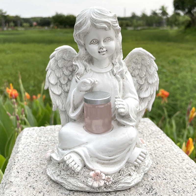 (20x14cm) LED Harz Solar Garten Lampe Engel Deko Licht Friedhof Outdoor Beleuchtung Grabfigur IP44 - Weiss