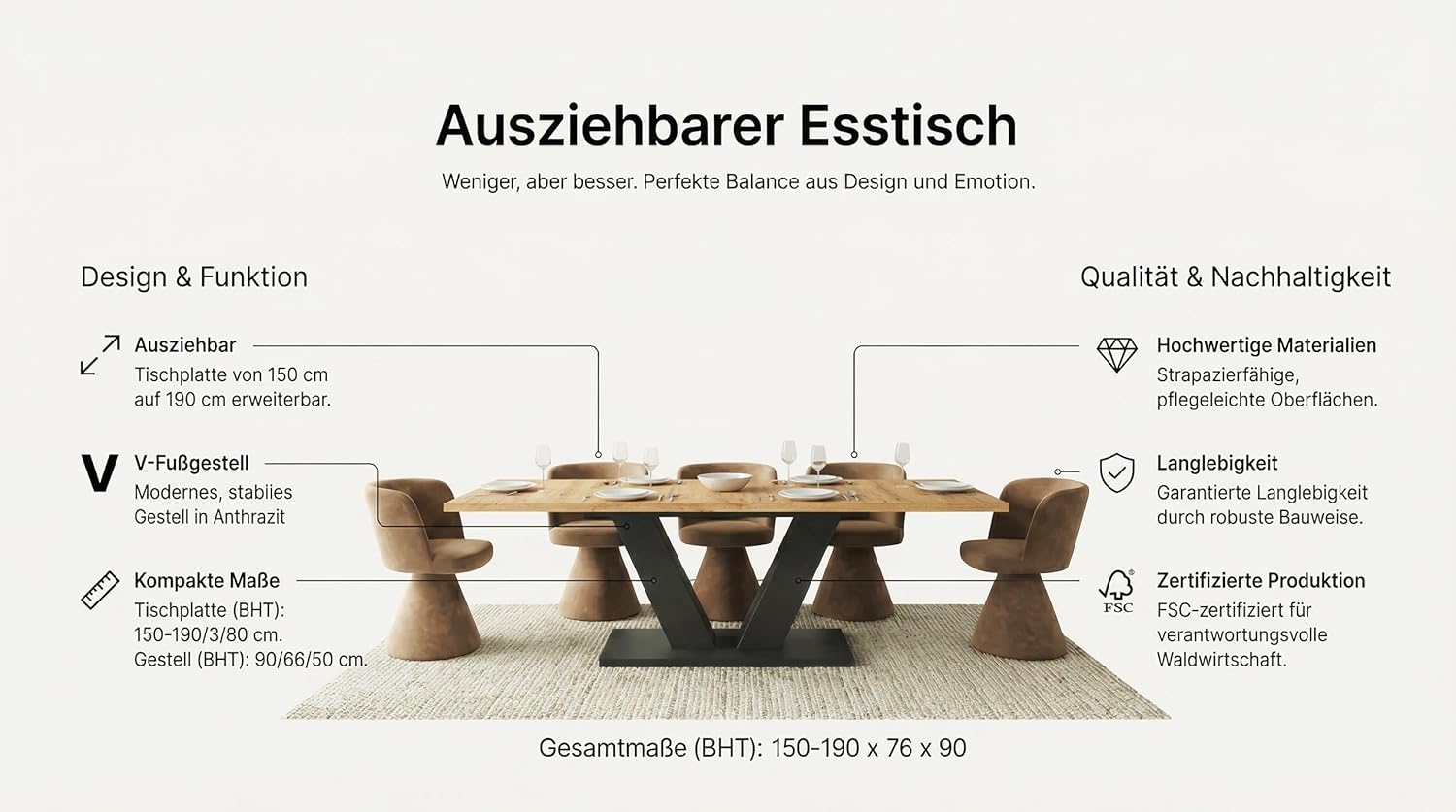 Newroom Esstisch Ausziehbar Anthrazit Wildeiche Esszimmertisch Modern - 150x76x90 cm (BxHxT) - Tisch Küchentisch Speisetisch - Esszimmer Küche Wohnzimmer
