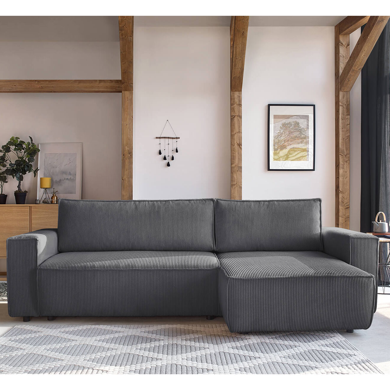 Bobochic Canapé d'angle convertible reversible Nihad en velours côtelé gris foncé - 282x153 cm
