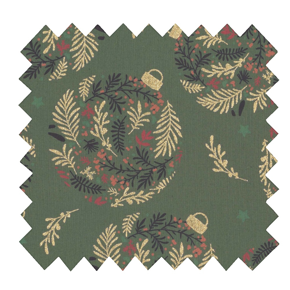 Tissu Coton Au Mètre Ex2344 Boules De Noël Fleuries Or Kaki