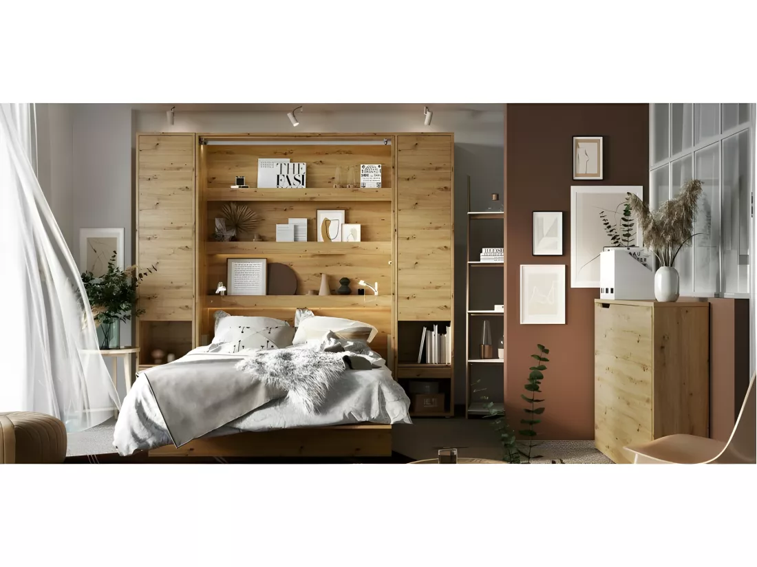Lenart Armoire Lit escamotable +2 Placards tiroir Vertical 140x200 cm Chêne artisan Lit Rabattable Lit Mural
