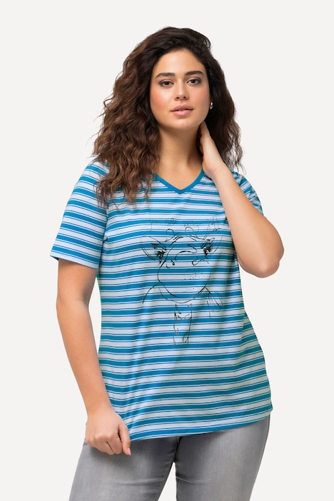 T-Shirt, Ringel, Metallic-Tiermotiv, V-Ausschnitt, Halbarm